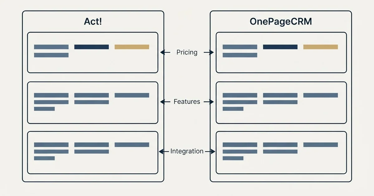 Comparison panel: Act! vs OnePageCRM (Pricing, Features, Integration)