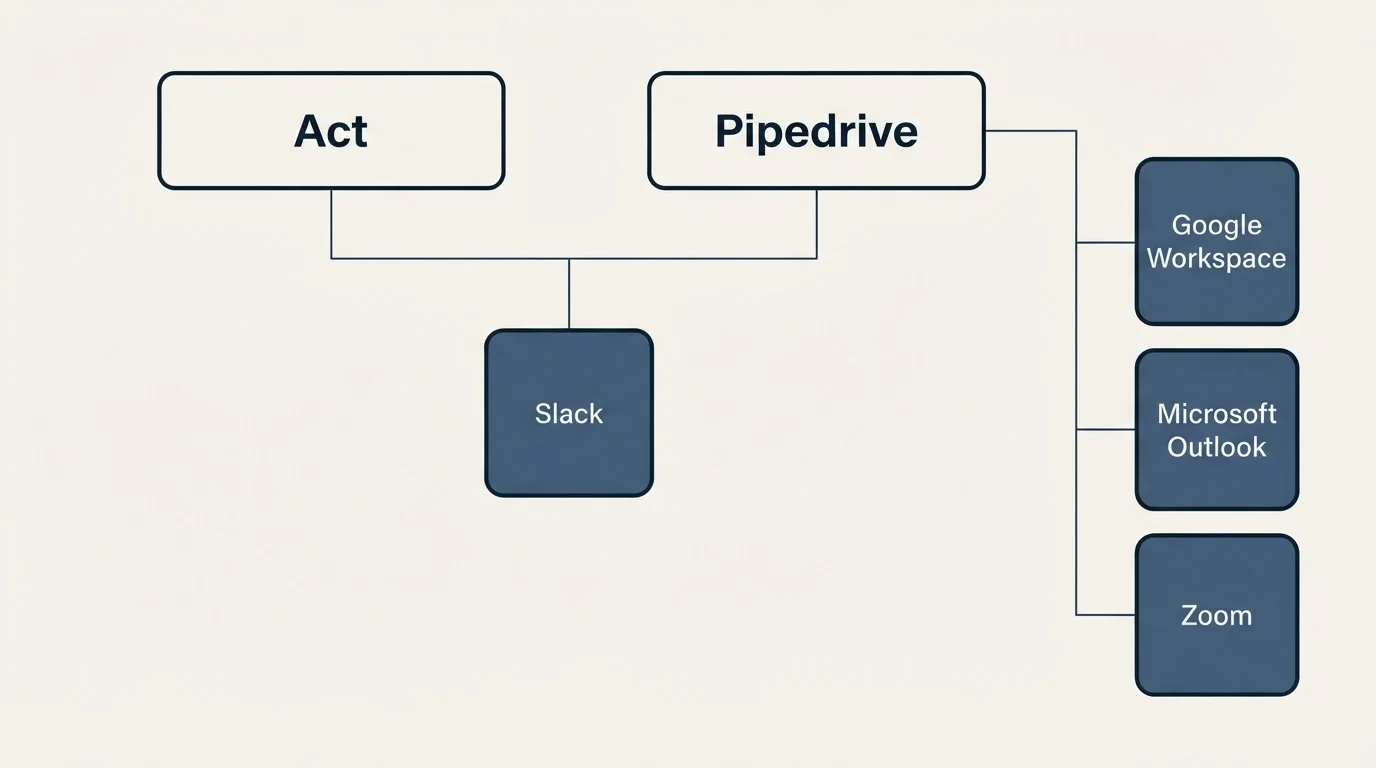 Integration grid: Integration Ecosystem (Act, Pipedrive, Slack, Google Workspace)