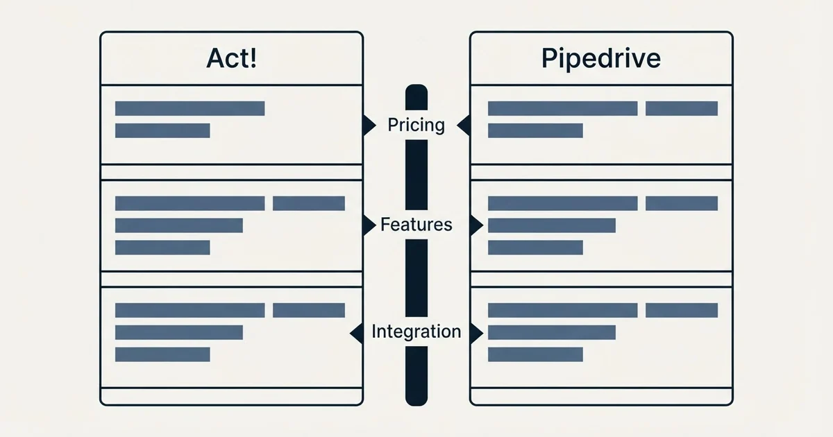Comparison panel: Act! vs Pipedrive (Pricing, Features, Integration)