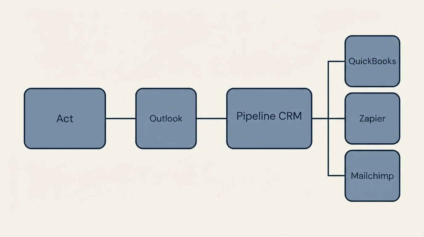 Integration flow: Integration Ecosystem (Act, Pipeline CRM, Outlook, QuickBooks)