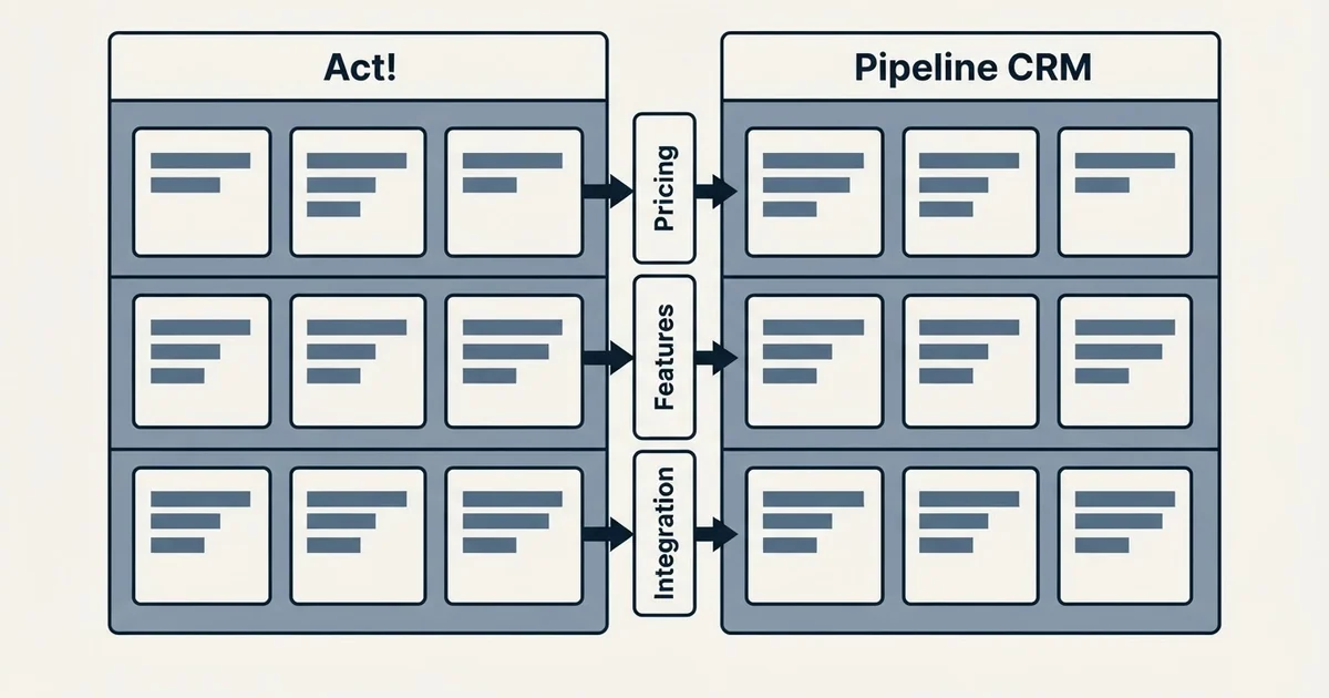 Comparison panel: Act! vs Pipeline CRM (Pricing, Features, Integration)