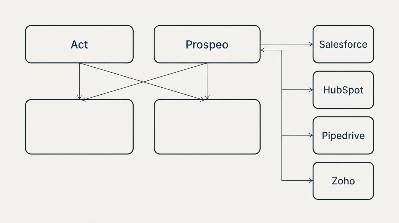 Integration grid: Integration Ecosystem (Act, Prospeo, Salesforce, HubSpot)
