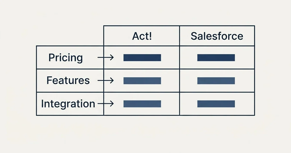 Comparison panel: Act! vs Salesforce (Pricing, Features, Integration)