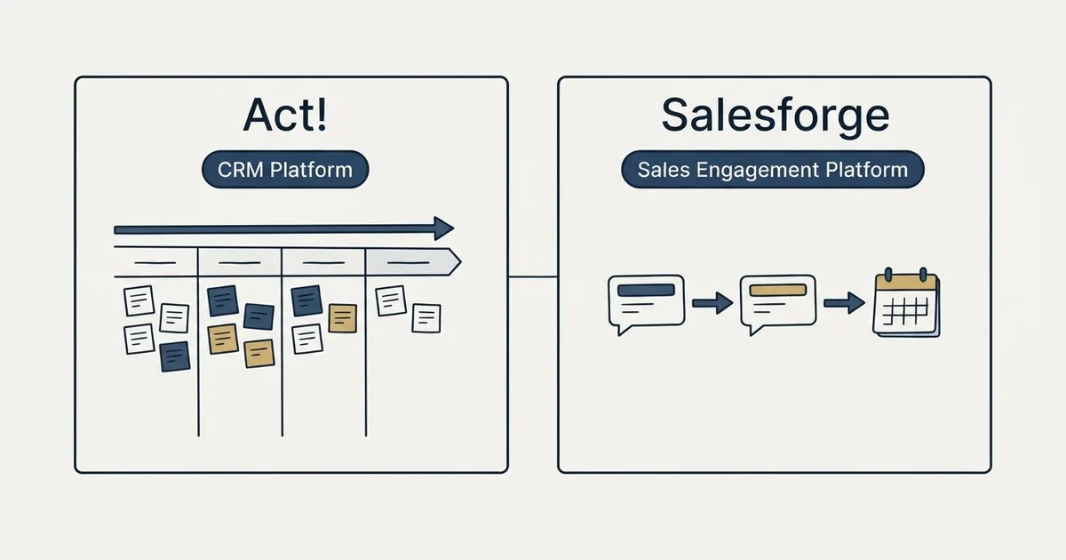 Side-by-side panels: Act! vs Salesforge (CRM Platform, Sales Engagement Platform)