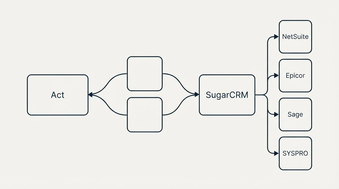 Integration schematic: Integration Ecosystem (Act, SugarCRM, NetSuite, Epicor)