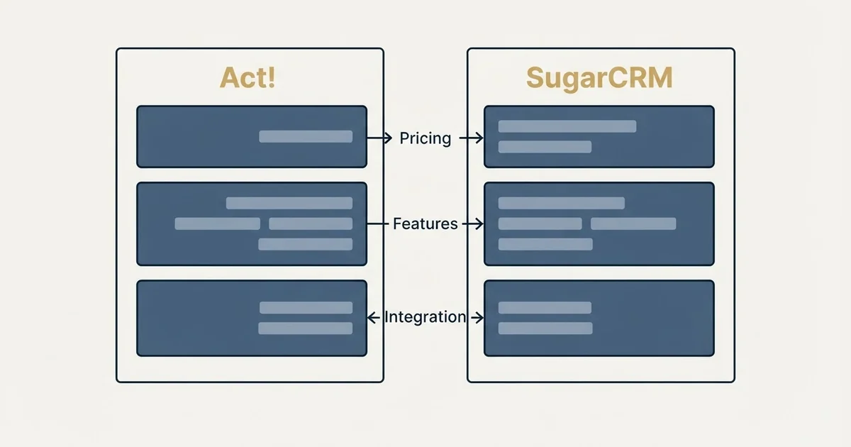 Comparison panel: Act! vs SugarCRM (Pricing, Features, Integration)