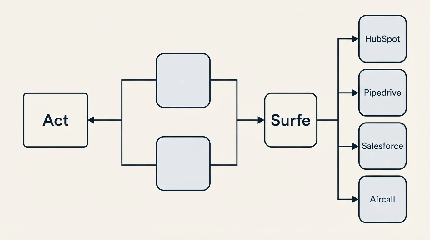 Integration flow: Integration Ecosystem (Act, Surfe, HubSpot, Pipedrive)