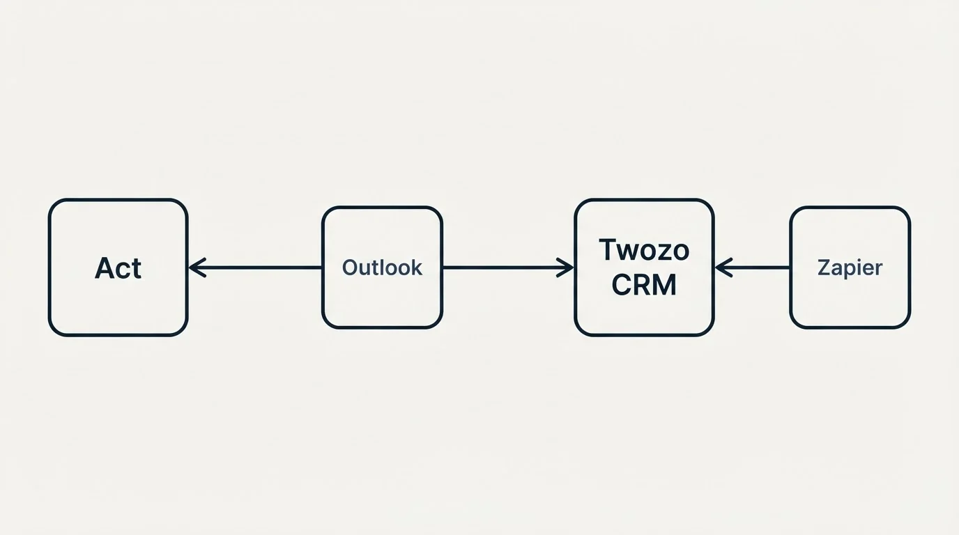 Integration schematic: Integration Ecosystem (Act, Twozo CRM, Outlook, Zapier)