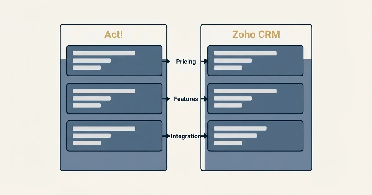 Comparison panel: Act! vs Zoho CRM (Pricing, Features, Integration)