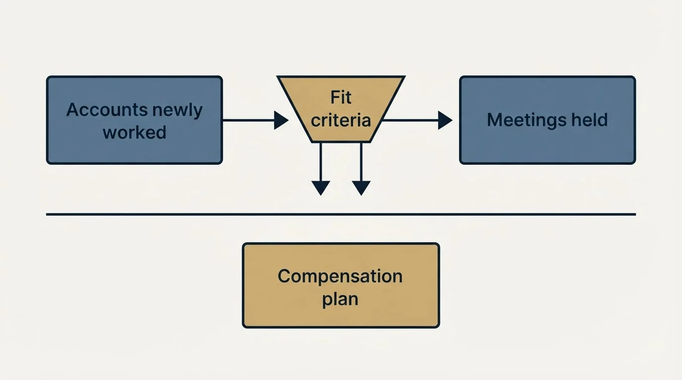 Schematic: The short version (Accounts newly worked, Fit criteria, Meetings held, Compensation plan)