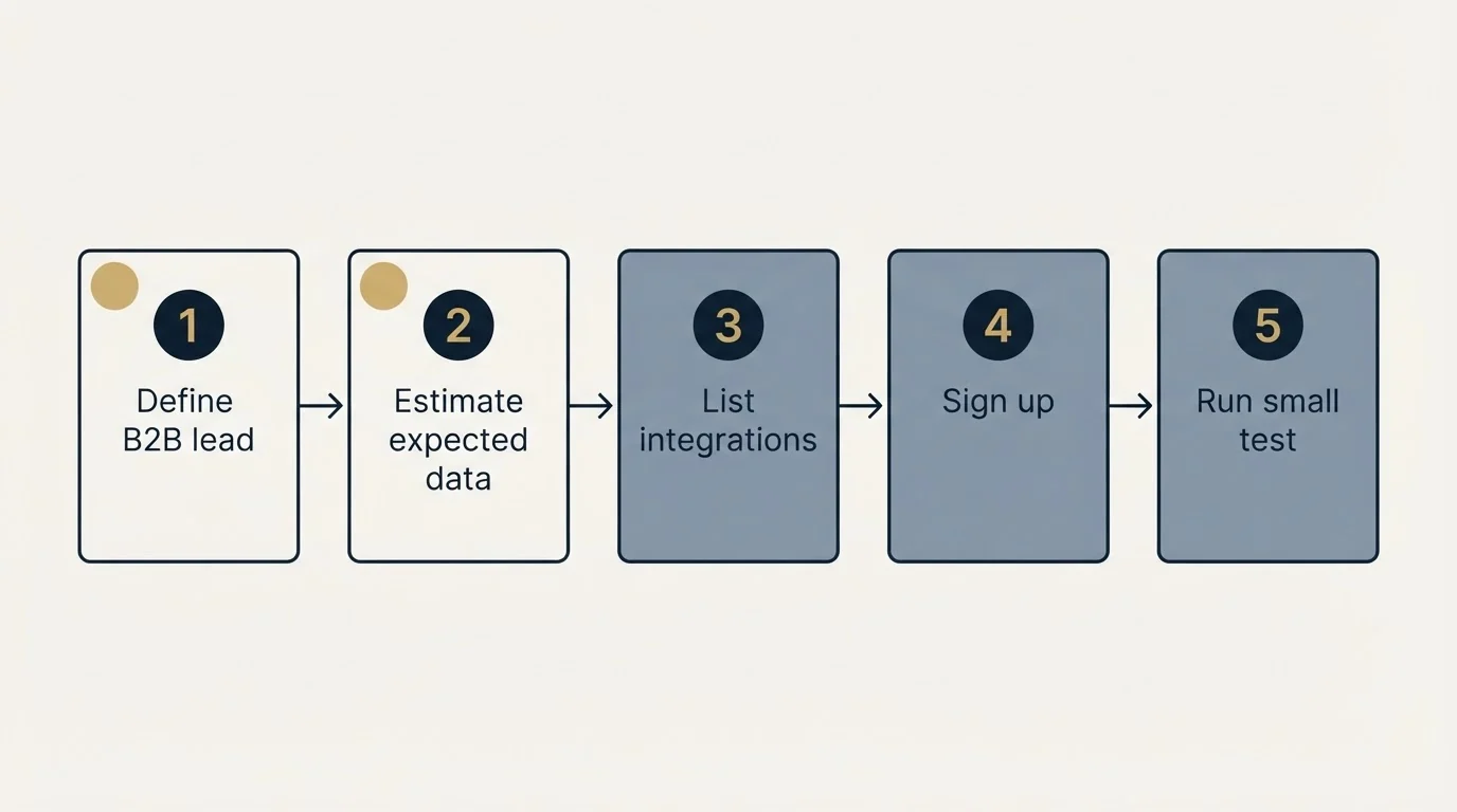 Step sequence: Getting Started Checklist (Define B2B lead, Estimate expected data, List integrations, Sign up)