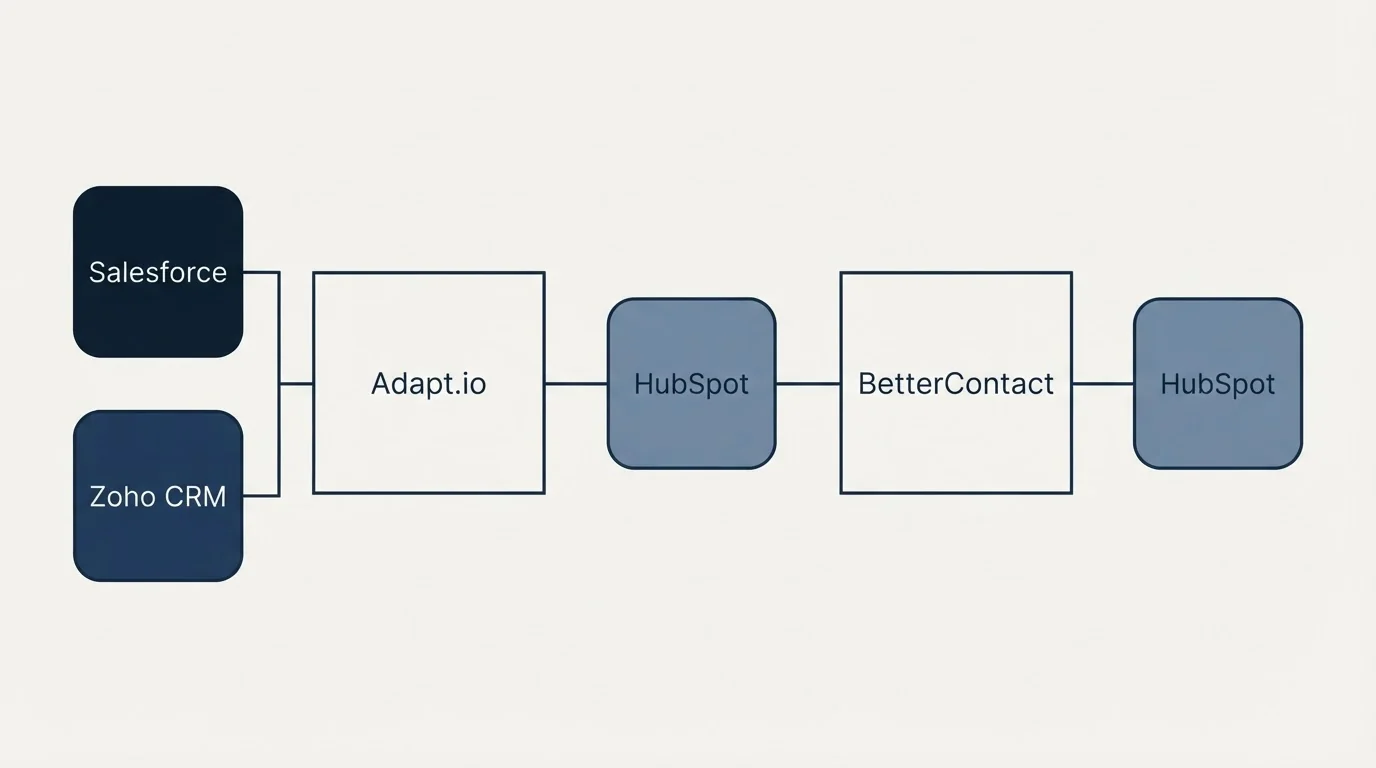 Integration flow: Integration Ecosystem (Adapt.io, BetterContact, HubSpot, Salesforce)