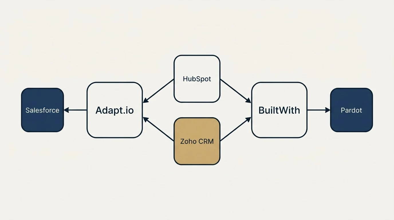 Integration schematic: Integration Ecosystem (Adapt.io, BuiltWith, HubSpot, Zoho CRM)