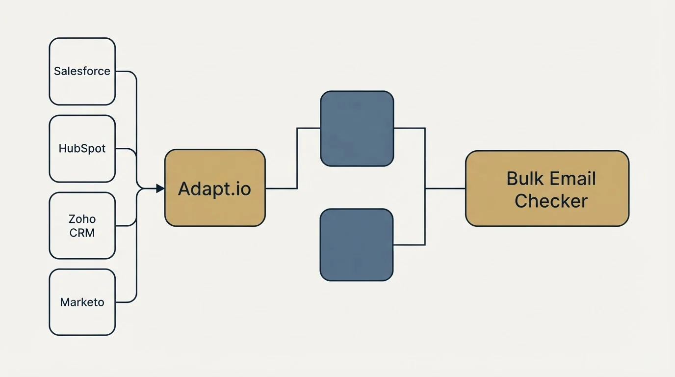 Integration flow: Integration Ecosystem (Adapt.io, Bulk Email Checker, Salesforce, HubSpot)