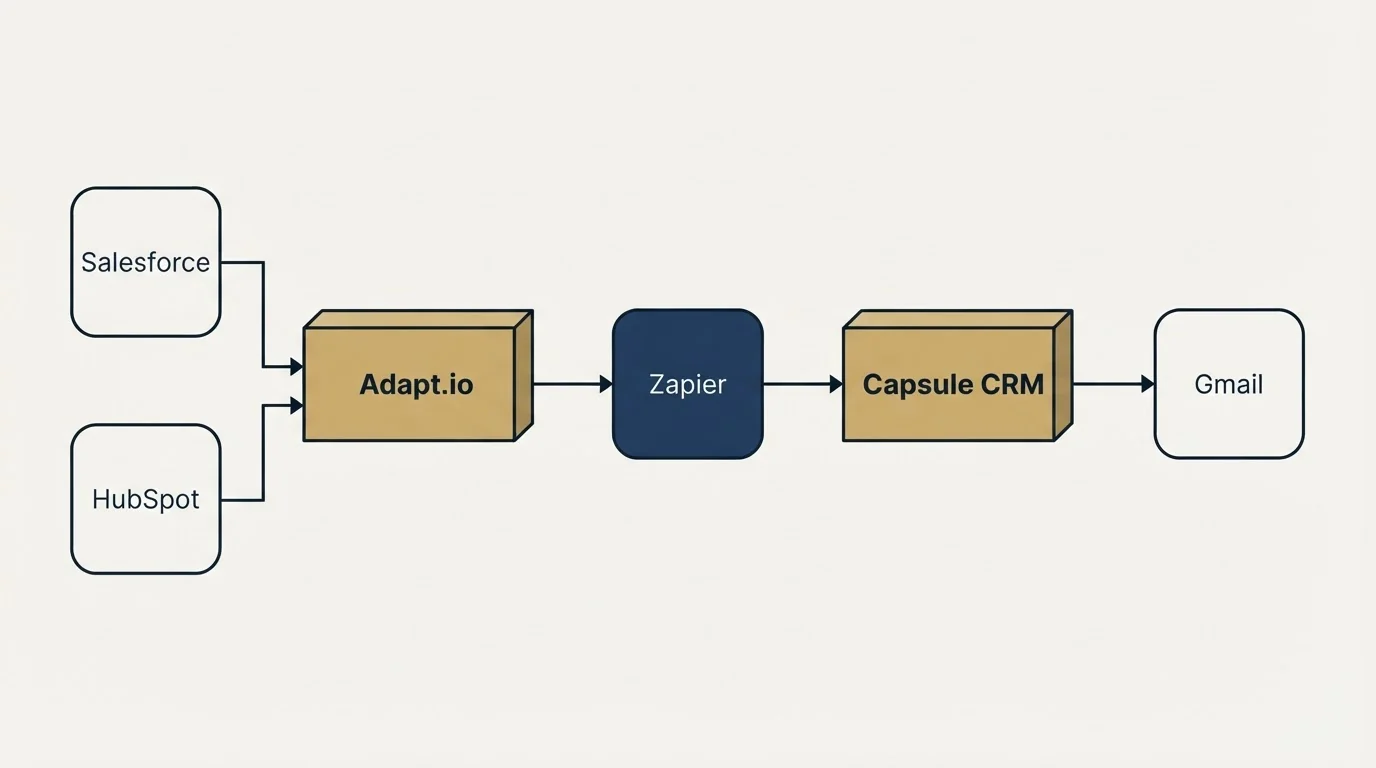 Integration flow: Integration Ecosystem (Adapt.io, Capsule CRM, Zapier, Salesforce)