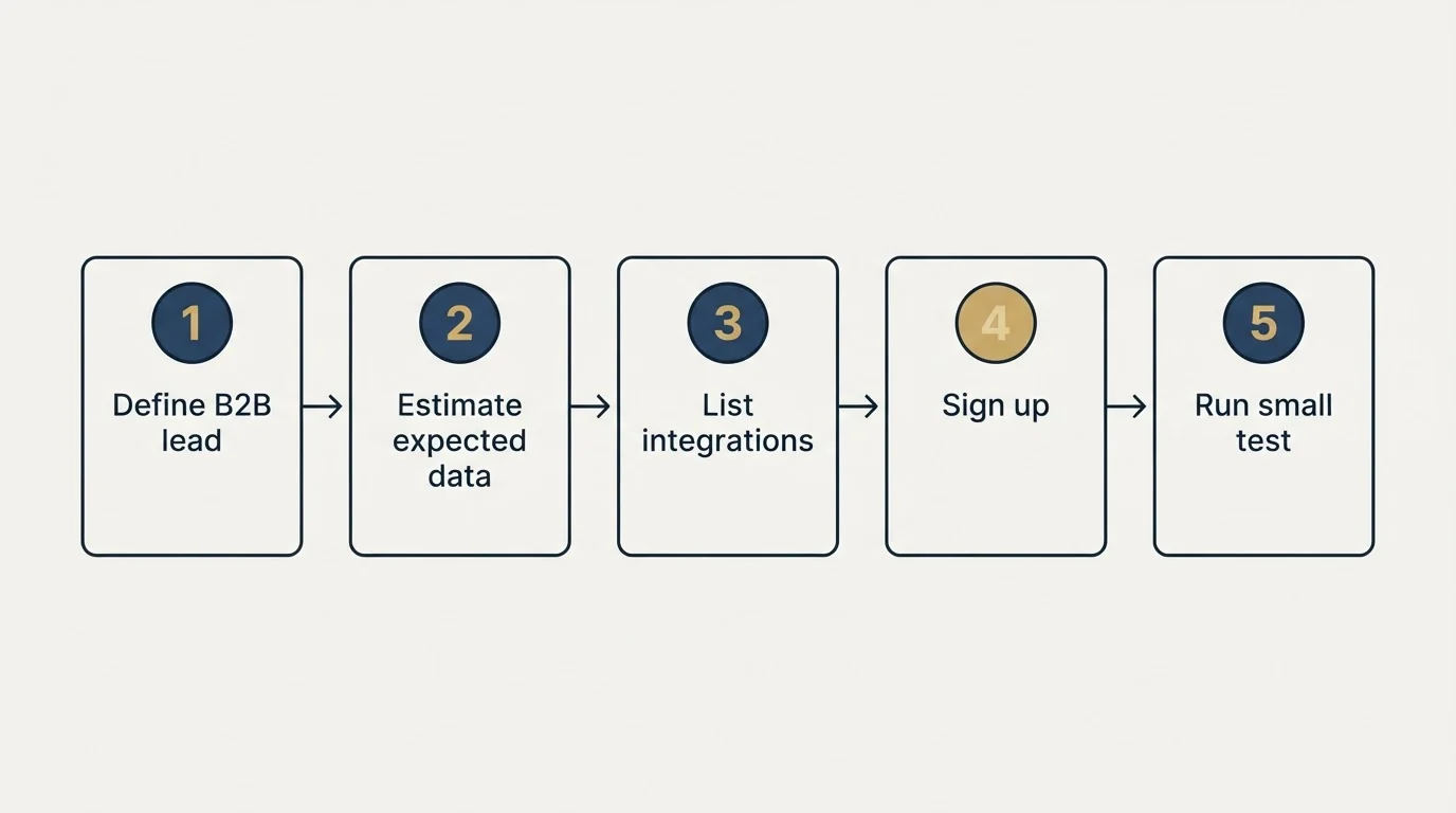 Step sequence: Getting Started Checklist (Define B2B lead, Estimate expected data, List integrations, Sign up)