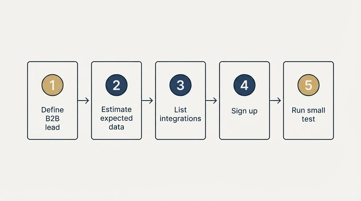 Step sequence: Getting Started Checklist (Define B2B lead, Estimate expected data, List integrations, Sign up)