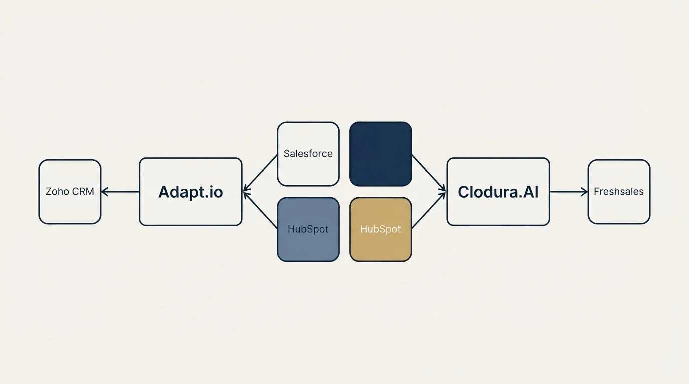 Integration schematic: Integration Ecosystem (Adapt.io, Clodura.AI, Salesforce, HubSpot)