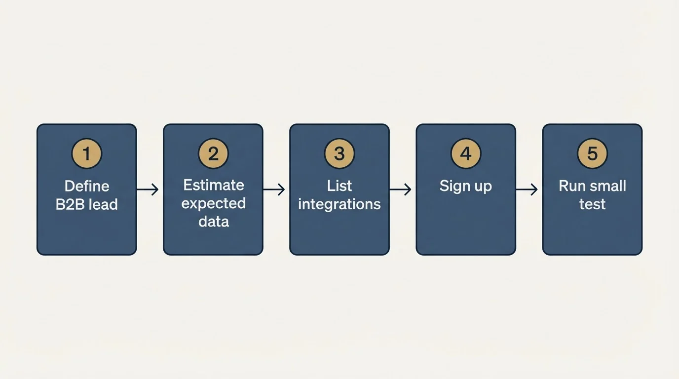 Step sequence: Getting Started Checklist (Define B2B lead, Estimate expected data, List integrations, Sign up)