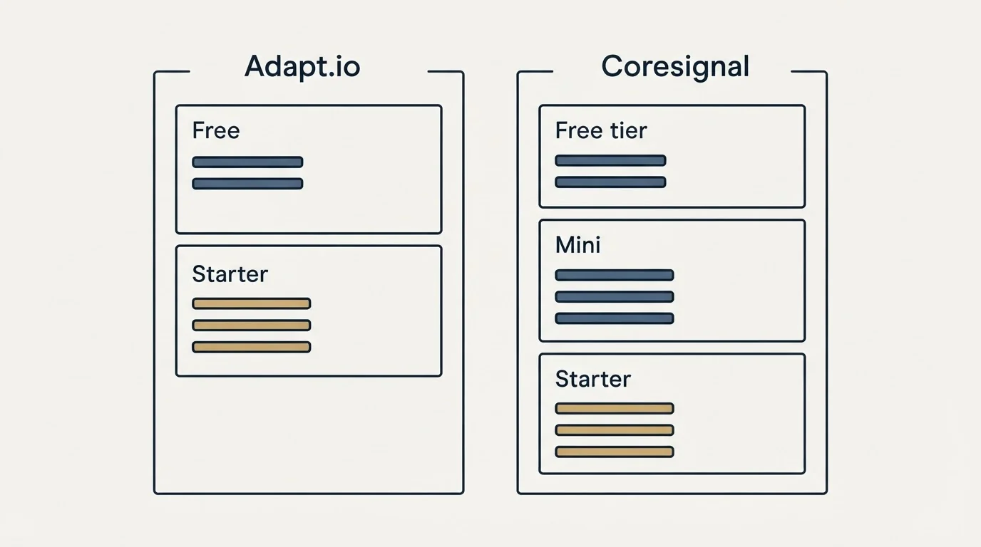 Pricing panels: Pricing Comparison (Adapt.io, Coresignal, Free, Free tier)