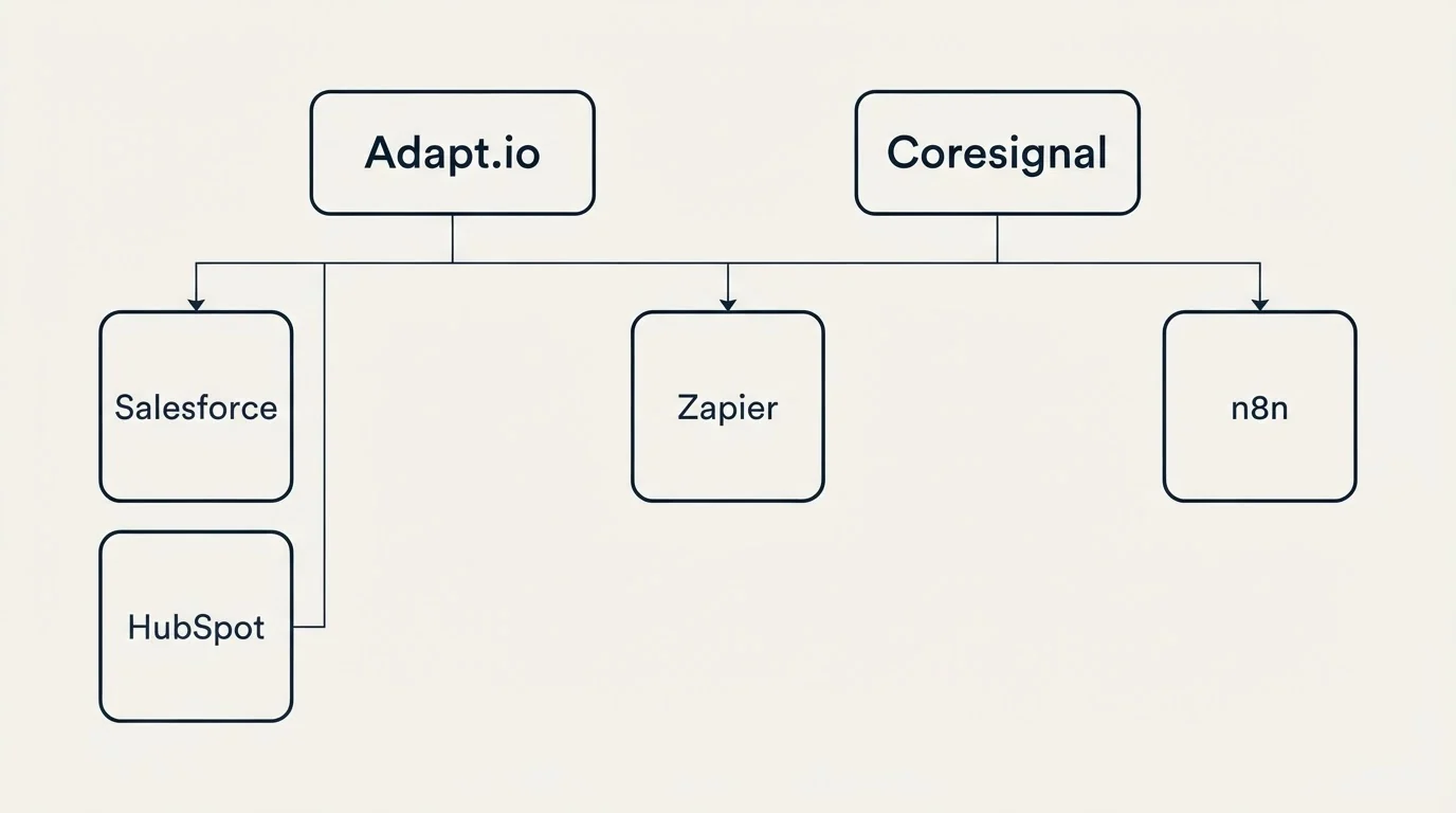 Integration grid: Integration Ecosystem (Adapt.io, Coresignal, Zapier, Salesforce)