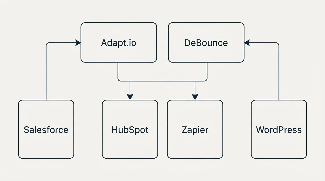 Integration grid: Integration Ecosystem (Adapt.io, DeBounce, HubSpot, Zapier)