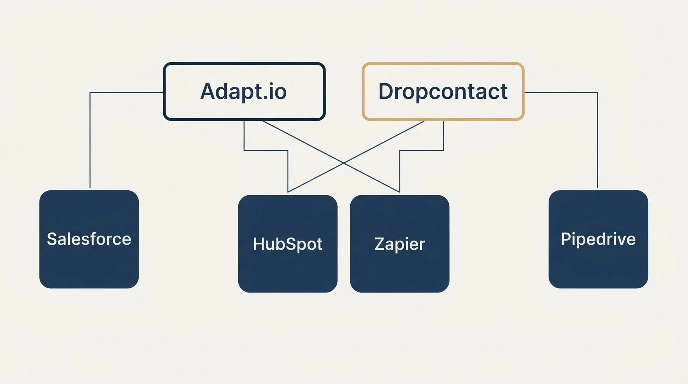 Integration grid: Integration Ecosystem (Adapt.io, Dropcontact, HubSpot, Zapier)