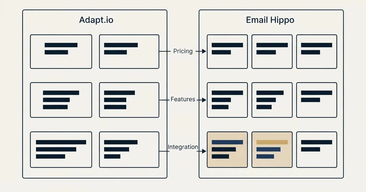 Comparison panel: Adapt.io vs Email Hippo (Pricing, Features, Integration)