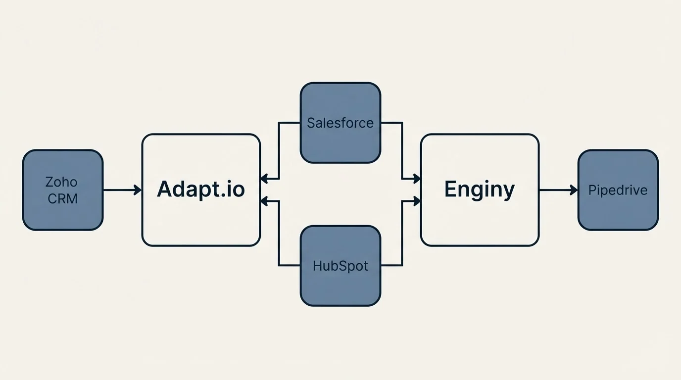 Integration flow: Integration Ecosystem (Adapt.io, Enginy, Salesforce, HubSpot)