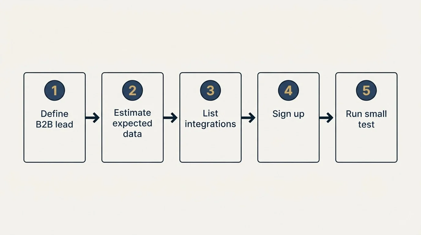 Step sequence: Getting Started Checklist (Define B2B lead, Estimate expected data, List integrations, Sign up)