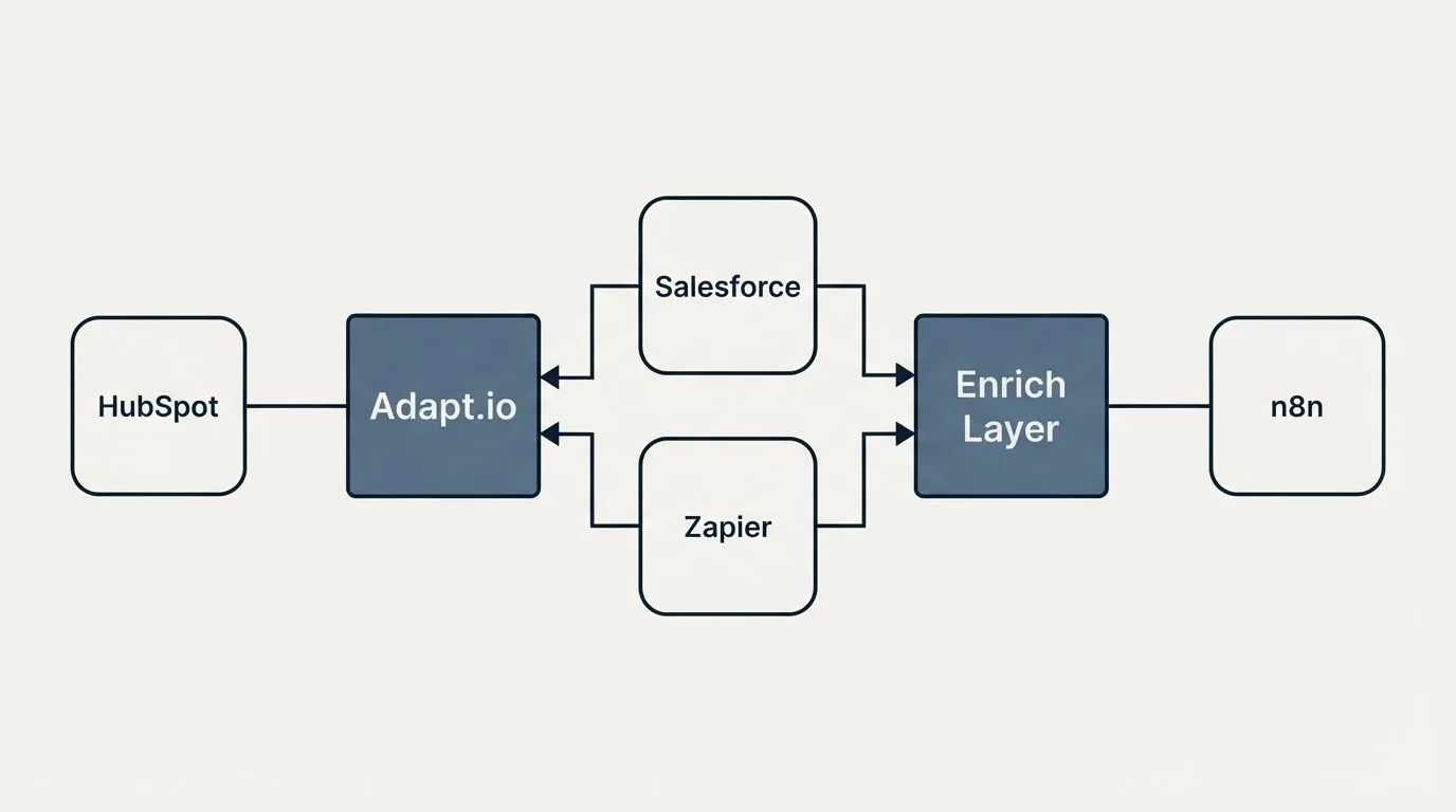 Integration flow: Integration Ecosystem (Adapt.io, Enrich Layer, Salesforce, Zapier)