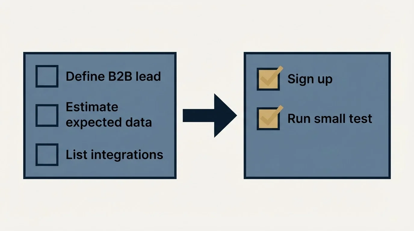 Before-and-after steps: Getting Started Checklist (Define B2B lead, Estimate expected data, List integrations, Sign up)