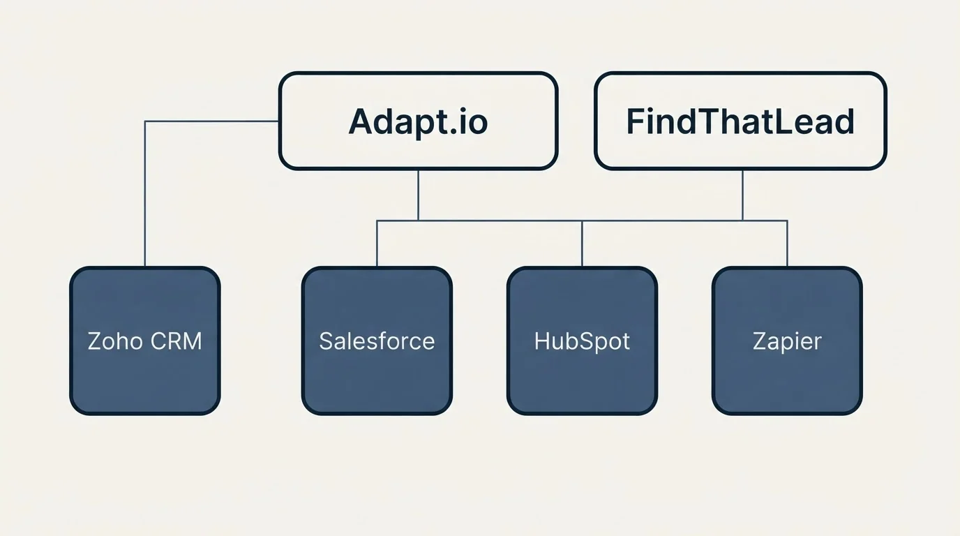 Integration grid: Integration Ecosystem (Adapt.io, FindThatLead, Salesforce, HubSpot)