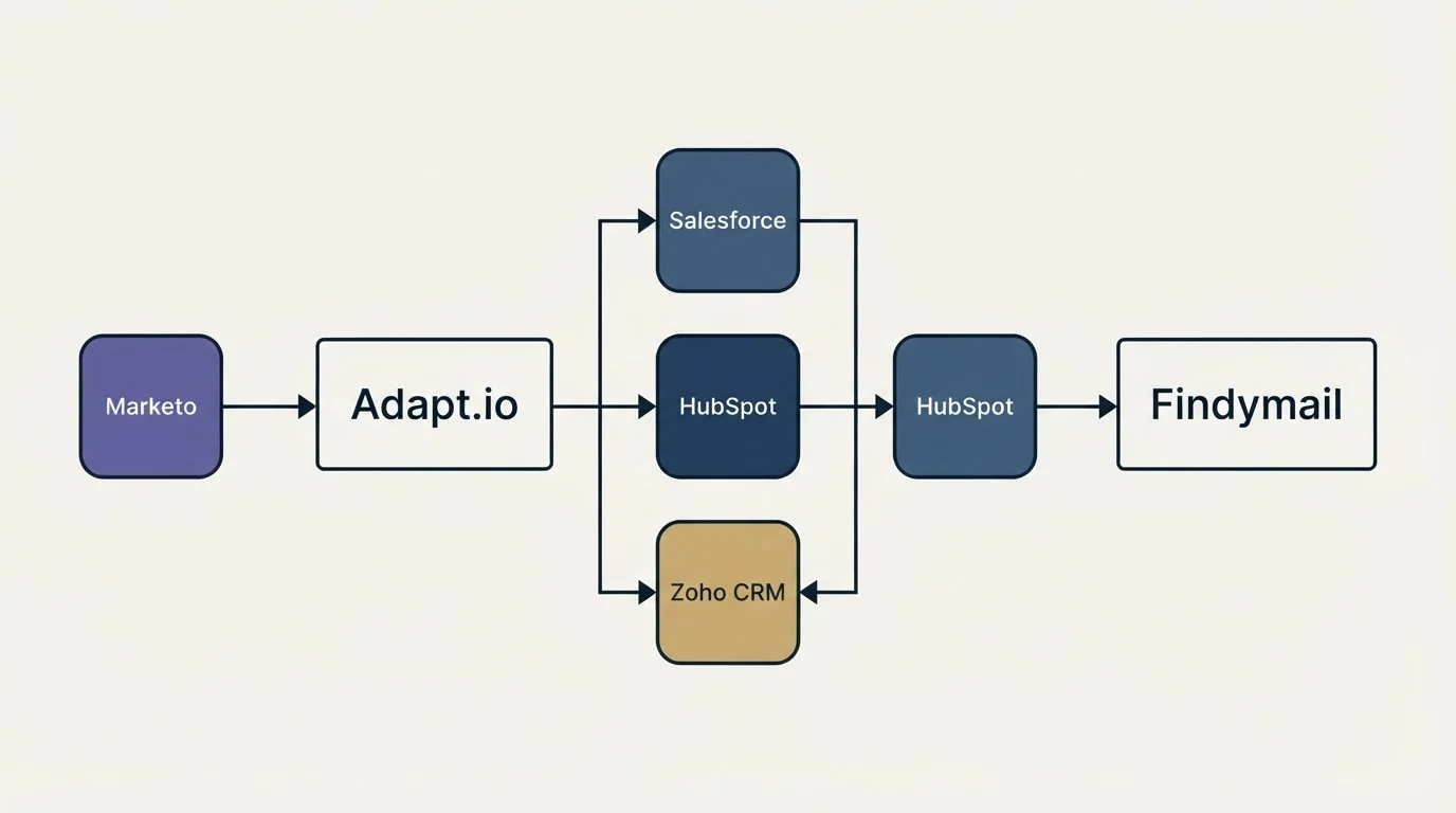 Integration flow: Integration Ecosystem (Adapt.io, Findymail, Salesforce, HubSpot)