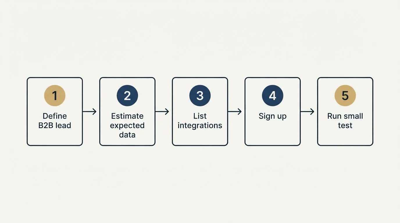 Step sequence: Getting Started Checklist (Define B2B lead, Estimate expected data, List integrations, Sign up)