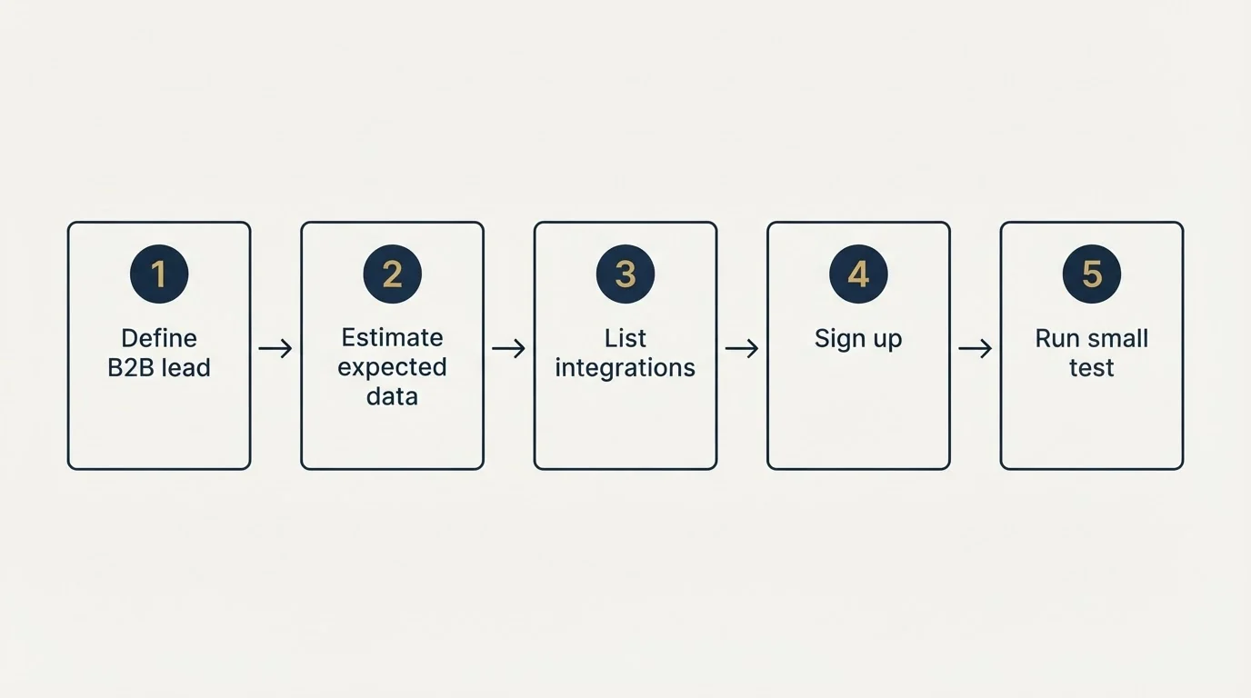 Step sequence: Getting Started Checklist (Define B2B lead, Estimate expected data, List integrations, Sign up)