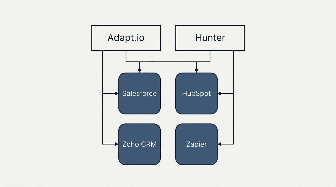 Integration grid: Integration Ecosystem (Adapt.io, Hunter, Salesforce, HubSpot)