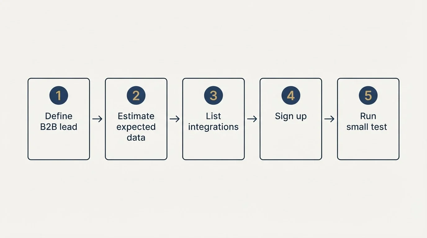 Step sequence: Getting Started Checklist (Define B2B lead, Estimate expected data, List integrations, Sign up)