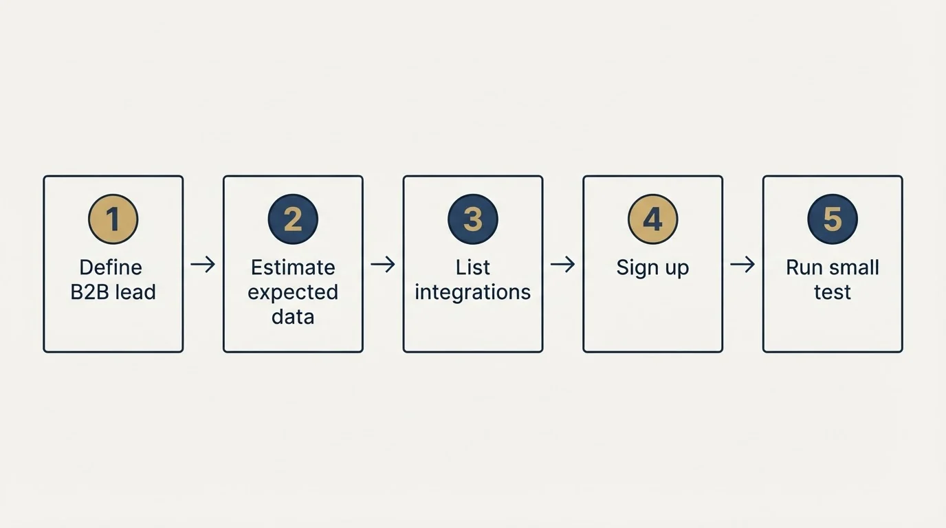 Step sequence: Getting Started Checklist (Define B2B lead, Estimate expected data, List integrations, Sign up)