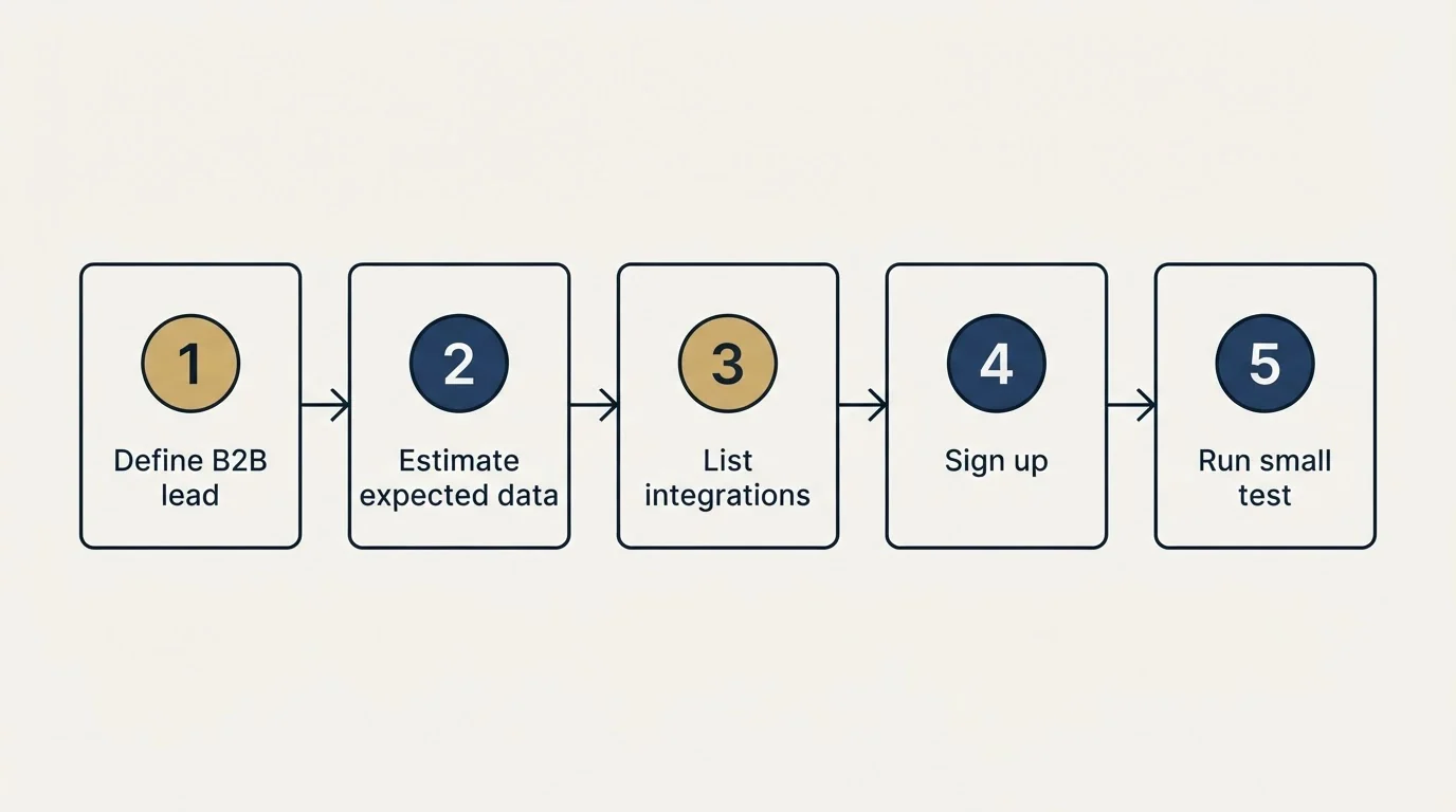 Step sequence: Getting Started Checklist (Define B2B lead, Estimate expected data, List integrations, Sign up)