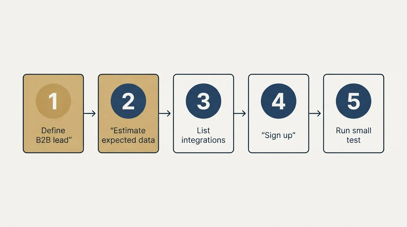 Step sequence: Getting Started Checklist (Define B2B lead, Estimate expected data, List integrations, Sign up)