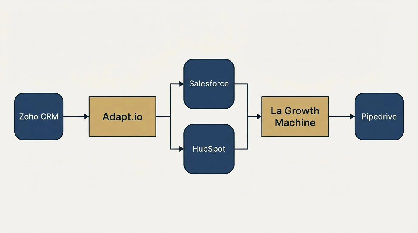 Integration flow: Integration Ecosystem (Adapt.io, La Growth Machine, Salesforce, HubSpot)