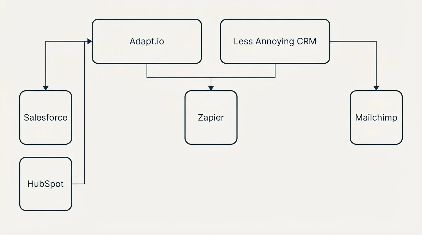 Integration grid: Integration Ecosystem (Adapt.io, Less Annoying CRM, Zapier, Salesforce)