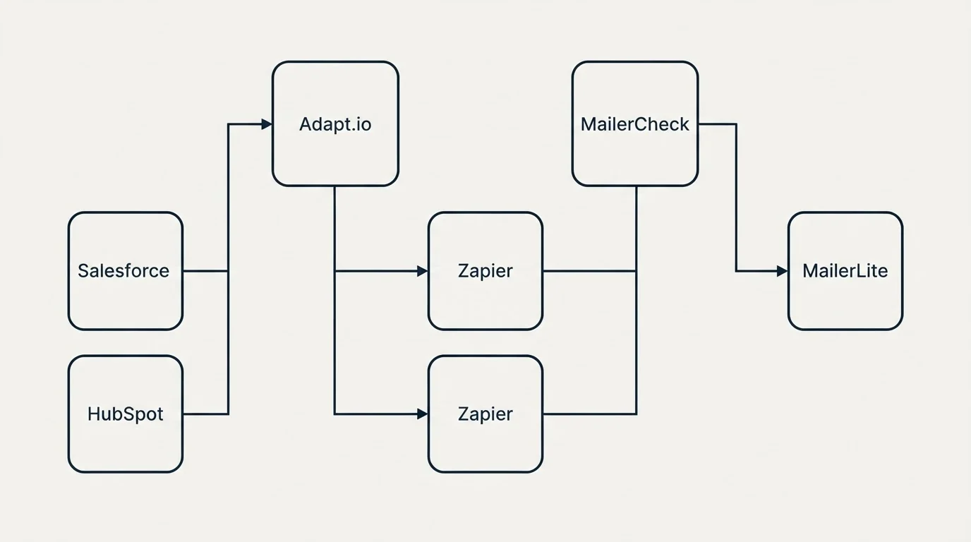 Integration grid: Integration Ecosystem (Adapt.io, MailerCheck, Zapier, Salesforce)