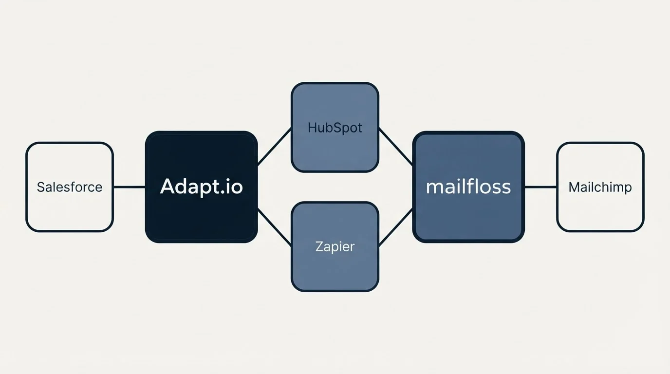 Integration schematic: Integration Ecosystem (Adapt.io, mailfloss, HubSpot, Zapier)