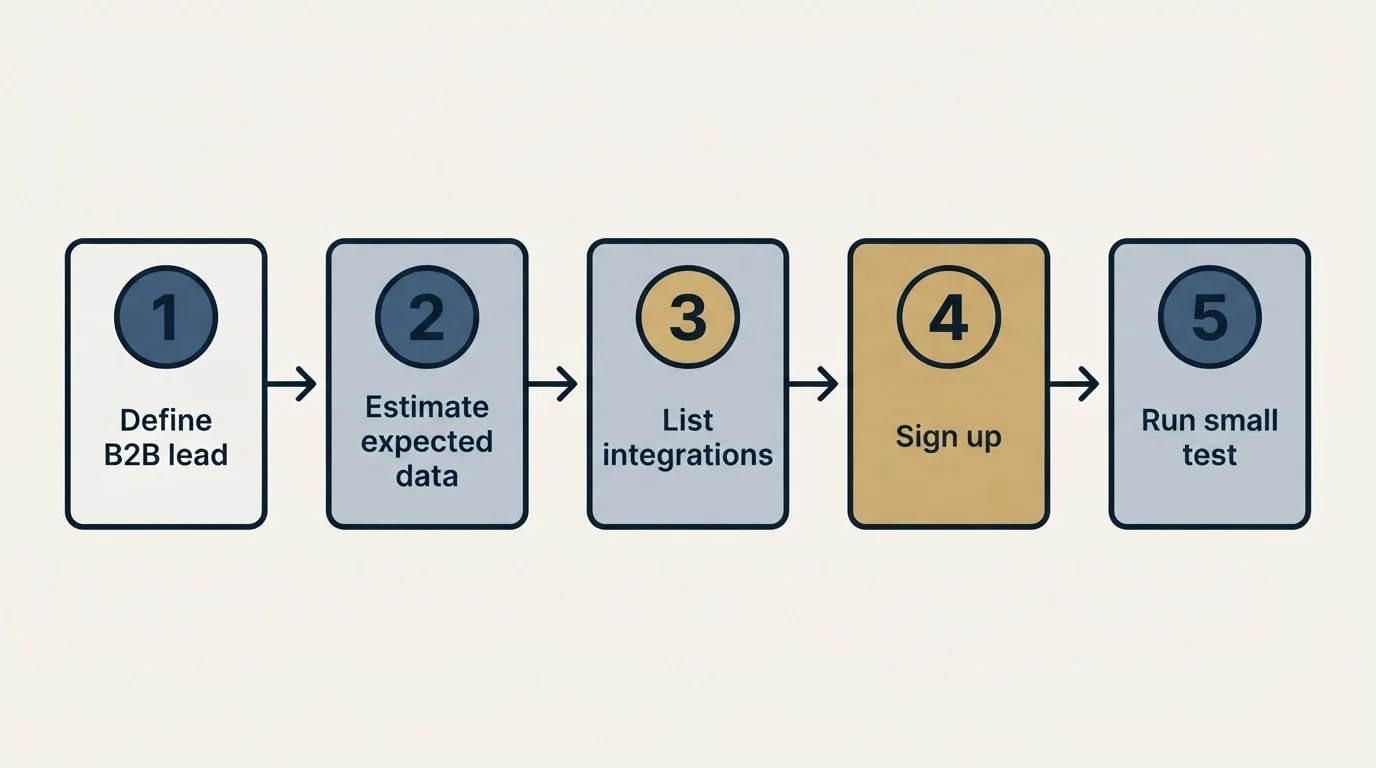 Step sequence: Getting Started Checklist (Define B2B lead, Estimate expected data, List integrations, Sign up)