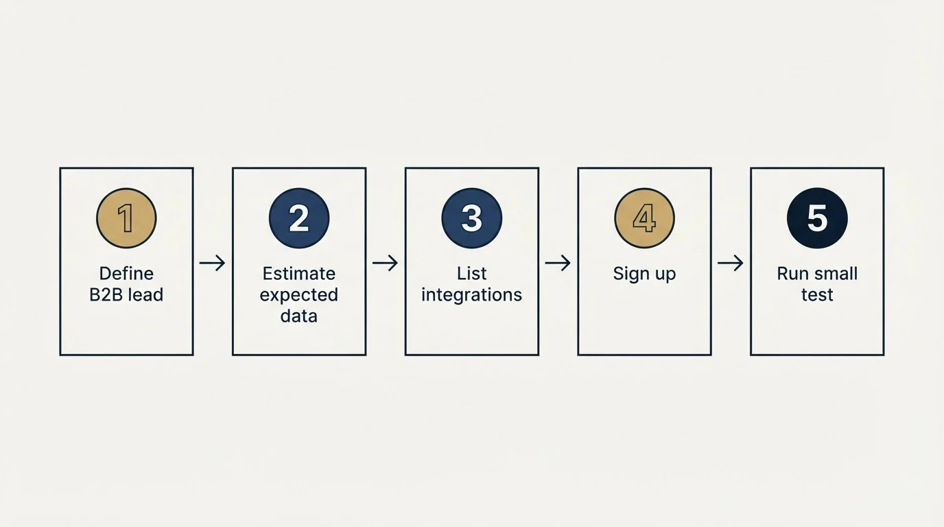 Step sequence: Getting Started Checklist (Define B2B lead, Estimate expected data, List integrations, Sign up)
