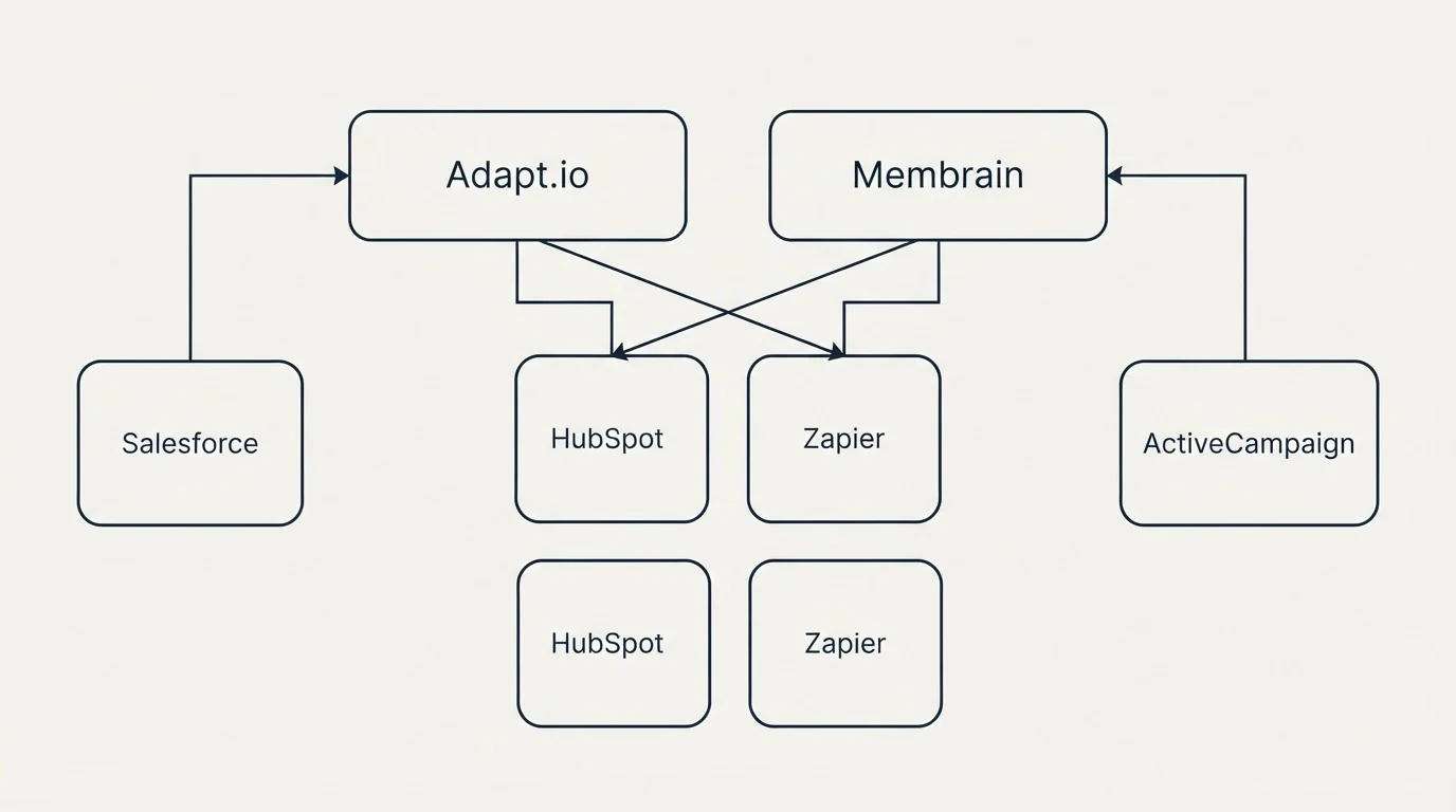 Integration grid: Integration Ecosystem (Adapt.io, Membrain, HubSpot, Zapier)