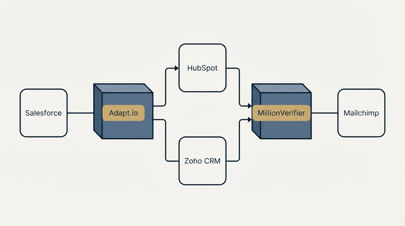 Integration flow: Integration Ecosystem (Adapt.io, MillionVerifier, HubSpot, Zoho CRM)