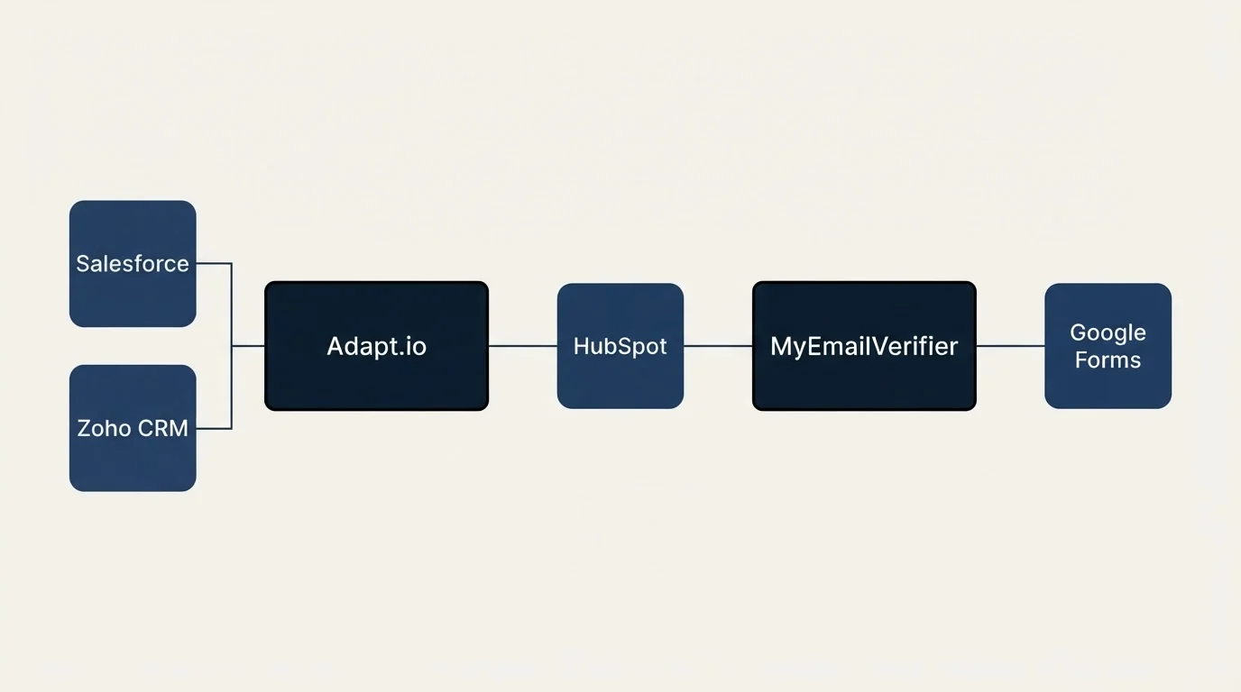 Integration flow: Integration Ecosystem (Adapt.io, MyEmailVerifier, HubSpot, Salesforce)